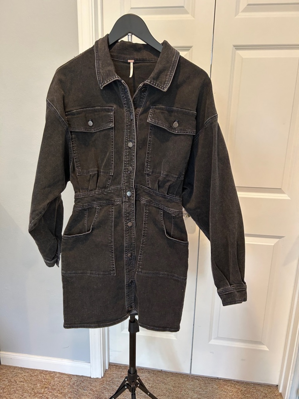 Free People Black Washed Denim Utility Jacket Dress
